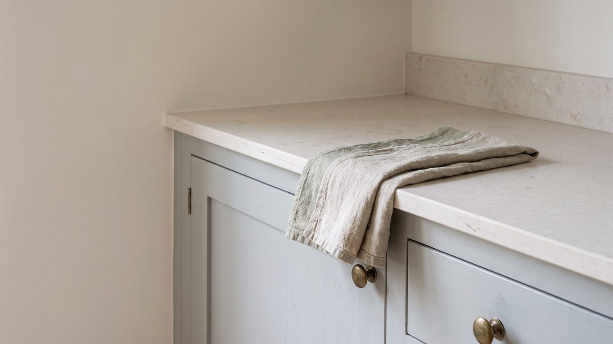 Light kitchen counter with gray cabinets and a folded linen towel