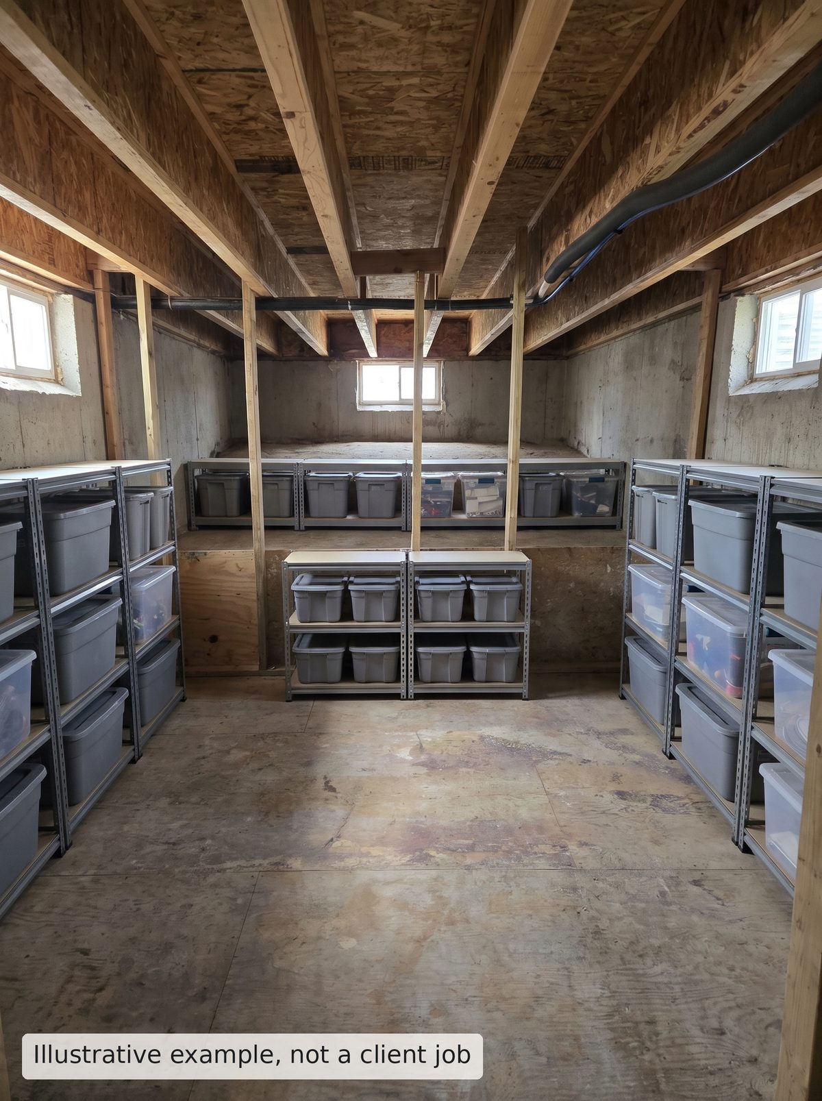 Illustrative example, after: the same basement cleared, with bins on shelves along the walls