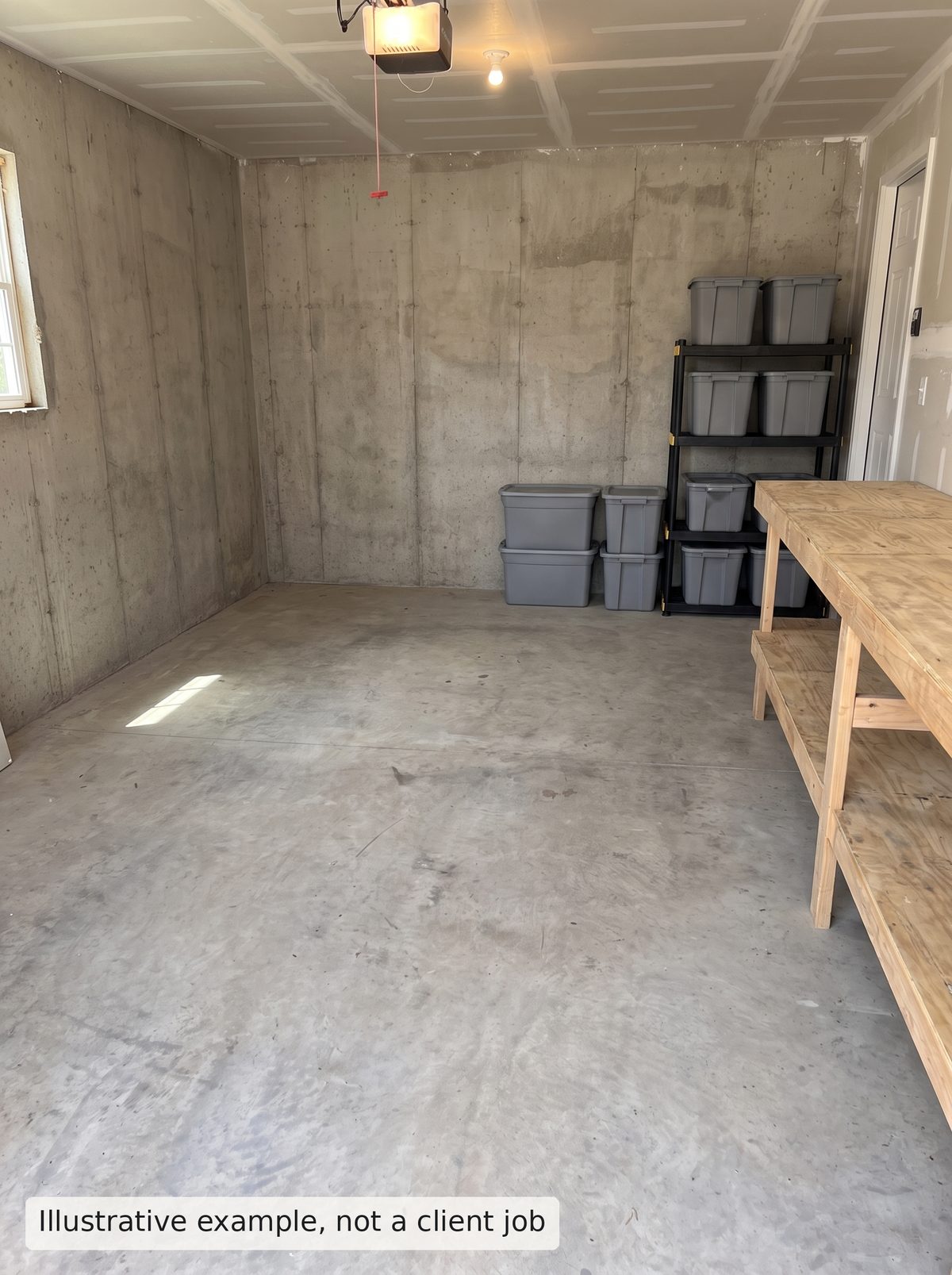 Illustrative example, after: the same garage with the floor cleared and swept
