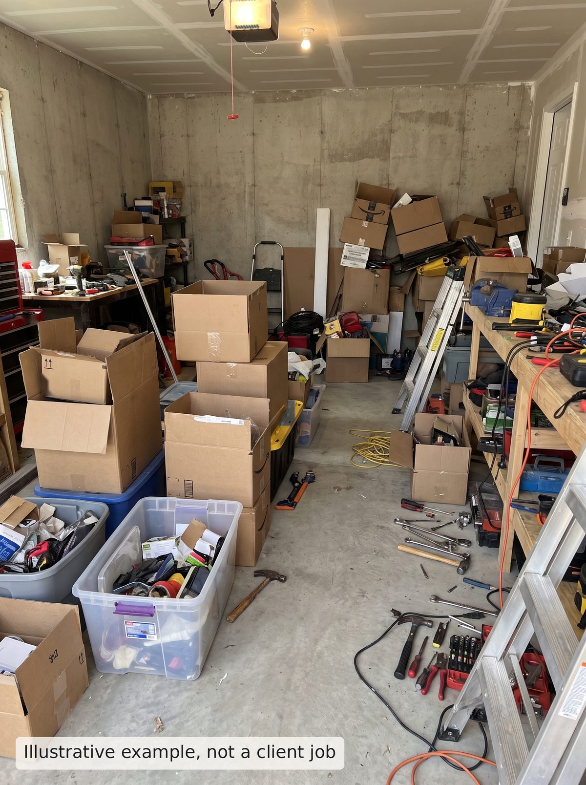 Illustrative example, before: garage with boxes, bins, tools and cables across the floor